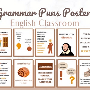10 Funny English Classroom Posters Printable, Grammar punctuation poster decor, english language arts decor, kids educational posters, decor