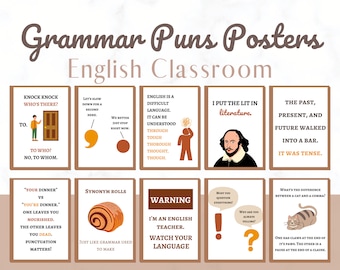 10 Funny English Classroom Posters Printable, Grammar punctuation poster decor, english language arts decor, kids educational posters, decor