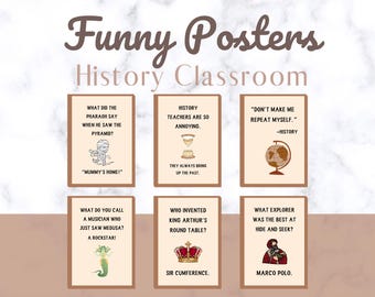 Può includere: Sei poster stampabili con giochi di parole divertenti sulla storia. I poster sono beige con testo marrone e illustrazioni. I poster includono giochi di parole su faraoni, insegnanti di storia, esploratori e musicisti.
