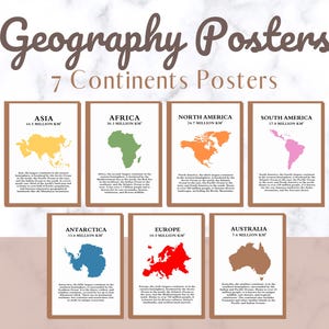 Carteles imprimibles de 7 continentes, carteles de geografía, decoración del aula de geografía, carteles de estudios sociales, carteles de historia mundial, decoración de historia