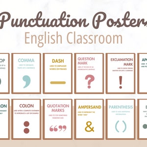 Punctuation English Classroom Posters set of 12, Boho Classroom decor, english classroom decor, english teacher decor, english classroom