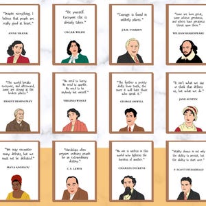 Może przedstawiać: Zestaw dwunastu prostokątnych wydruków przedstawiających ilustrowane portrety postaci historycznych, takich jak Anne Frank, Oscar Wilde i Maya Angelou, z których każdy zawiera słynny cytat oraz nazwisko autora czarnym drukiem na białym tle.