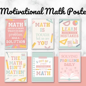May include: A set of six rectangular motivational maths posters featuring pastel colours and educational illustrations like calculators, pencils, and rulers. The text includes phrases such as Math gives us hope, Math is tough but so are you, Learn from your mistakes, The math isn't mathin', 5 out of 4 people struggle with math, and Solving problems daily.