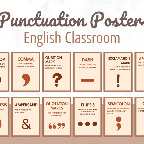 Punctuation English Classroom Posters set of 12, Boho classroom decor, english classroom decor, english teacher decor, english classroom