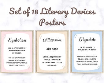 Pósteres de recursos literarios, juego de 18 pósteres en inglés, decoración para aulas de ELA, decoración en inglés, profesor de inglés, decoración para aulas de inglés, literatura