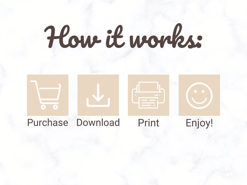 Puede incluir: C&oacute;mo funciona: Compra, descarga, imprime y disfruta. Cuatro iconos representan los pasos: un carrito de compras, una flecha de descarga, una impresora y una cara sonriente.