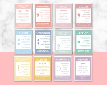 Puede incluir: Un conjunto de 12 carteles educativos sobre signos de puntuación, cada uno con un borde de color diferente y un fondo blanco. Los carteles incluyen los nombres de los signos de puntuación, sus usos y ejemplos. La paleta de colores incluye rosa, azul y amarillo.