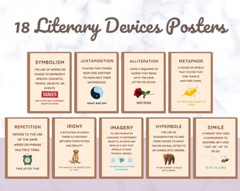 Literary Devices Posters, Set of 18 English Posters, ELA Classroom Decor, English Decor, English Teacher, English Classroom Decor,literature