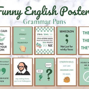 10 Funny English Classroom Posters Printable, Grammar punctuation poster decor, english language arts decor, kids educational posters, decor