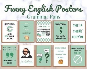 10 Funny English Classroom Posters Printable, Grammar punctuation poster decor, english language arts decor, kids educational posters, decor