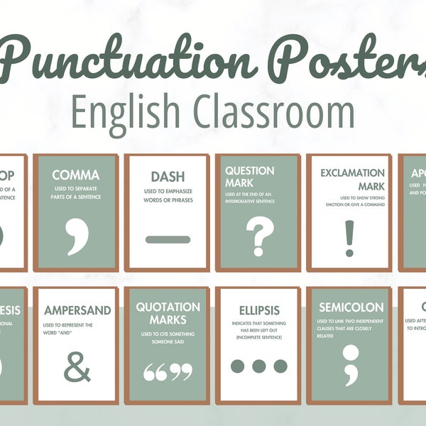 Punctuation English Classroom Posters set of 12, Boho classroom decor, english classroom decor, english teacher decor, english classroom