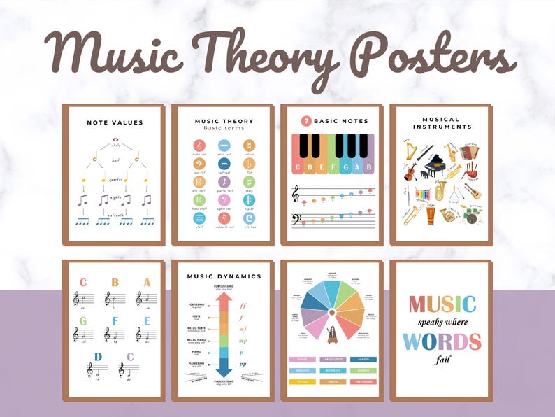 May include: Set of 8 colorful music theory posters with illustrations and text. The posters cover topics such as note values, basic terms, basic notes, musical instruments, music dynamics, and a quote about music.