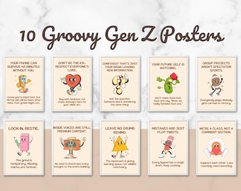 May include: A set of ten rectangular posters titled 10 Groovy Gen Z Posters, each featuring a unique cartoon character and text. The designs include illustrations of a phone, heart, question mark, pickle, football, eraser, boombox, nacho, pencil, and flower.