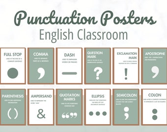 Punctuation English Classroom Posters set of 12, Boho classroom decor, english classroom decor, english teacher decor, english classroom