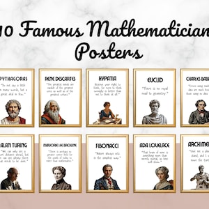Peut inclure: Dix affiches encadrées présentant des mathématiciens célèbres, chacune avec un portrait et une citation. Les affiches sont dans des cadres dorés et présentent des personnalités comme Pythagore et Euclide. Le titre "10 Famous Mathematicians Posters" est en haut.