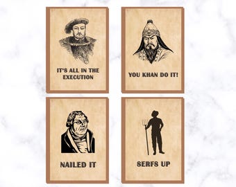 May include: Set of four cards with vintage illustrations and humorous text. The cards feature a king, a man with a beard, a man with a beard and a hat, and a silhouette of a man with a pitchfork. The text on the cards reads "It's all in the execution", "You Khan do it!", "Nailed it", and "Serfs up".