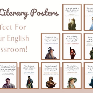 May include: Ten literary posters featuring quotes from famous books and characters. The posters are in a brown and white color scheme with a light brown background. The quotes are in white text and the characters are in color. The characters include Gandalf, Alice, Albus Dumbledore, Katniss Everdeen, Sherlock Holmes, Atticus Finch, Jean Valjean, Tyrion Lannister, Anne Shirley, and Percy Jackson.