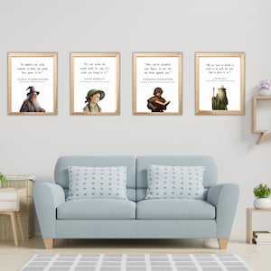 May include: Four framed prints with inspirational quotes and illustrations. The quotes are by Albus Dumbledore, Anne Shirley, Tyrion Lannister, and Gandalf. The prints are hanging on a white wall above a light blue sofa.