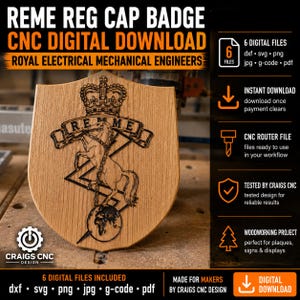 May include: A wooden shield-shaped plaque featuring a laser-engraved Royal Electrical Mechanical Engineers emblem. The design includes a horse, a crown, a globe, and a lightning bolt with the text REME. This is a CNC digital download product.