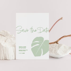Tropical Wedding Save the Date • Modern Botanical Green Floral Design • Paperless Post Template • MONSTERA