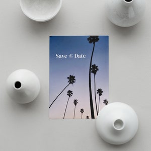 Boho Palm Tree Sunrise Save the Date Postcard • California Coastal Beach Wedding • Paperless Post Template • MALIBU PALMS