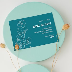 Simple Modern Floral Save the Date • Elegant Teal Blue Tropical Wedding • Paperless Post Template • WHITE ORCHID
