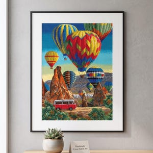 Finished Cross Stitch | Cappadocia Hot Air Balloon Wall Art | Retro Camper Van Embroidery | Unframed Needlepoint Landscape Travel Decor