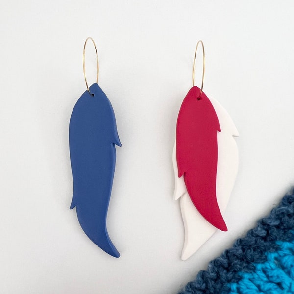 Red Blue Earrings 4th of July Polymer Clay Earrings Sample Patriotic Buffalo Earrings Handmade Feather Unique Asymmetrical statement