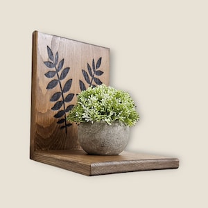 Wooden Plant shelf -laser engraved floating shelves-flush mount on wall