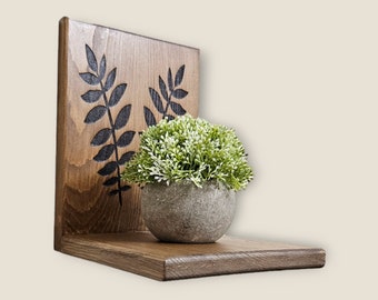 Wooden Plant shelf -laser engraved floating shelves-flush mount on wall