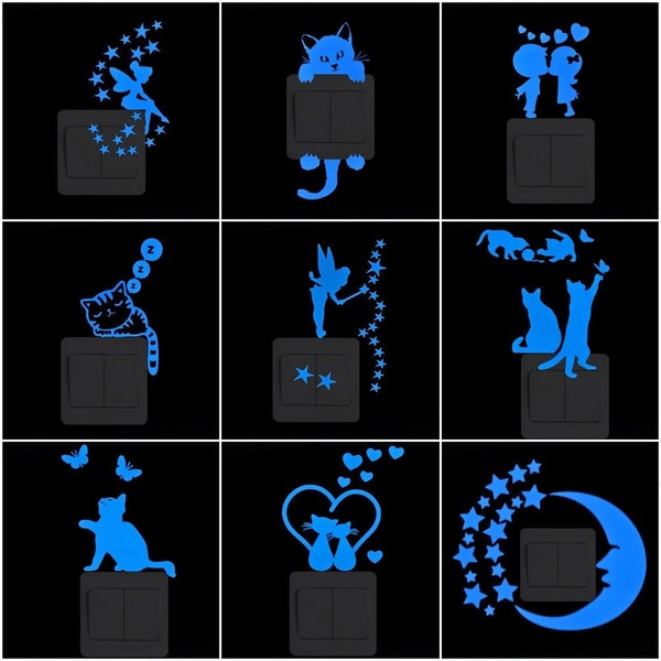 Autocollant De commutateur de lumière bleue Lumineux Cartoon Glow dans le mur sombre Autocollant | Décoration de chambre d’enfants | Décoration murale