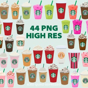 May include: A collection of 44 PNG high-resolution images of Starbucks coffee drinks in various colors and styles. The drinks include iced and hot beverages with whipped cream, straws, and the Starbucks logo. The text "44 PNG HIGH RES" is also visible.