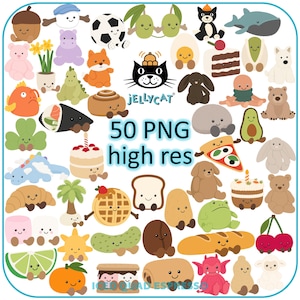 May include: A collection of 50 high-resolution PNG digital illustrations featuring various cute characters, including animals, food items, and objects with smiling faces, centered around the Jellycat brand logo and the text 50 PNG high res.