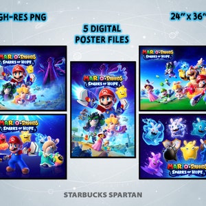 SET of 5 Printable POSTERS Mario Rabbids Sparks of Hope Kingdom Battle Video Game Key Art PNG Clipart Movie Gamer Digital Print Wallpaper