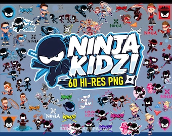 Könnte beinhalten: Ein Set mit 60 digitalen Clipart-Bildern, die Ninjas in verschiedenen Posen und Ausdrücken zeigen. Die Bilder sind im Cartoon-Stil gehalten und perfekt für die Verwendung in digitalen Projekten. Die Bilder sind in hoher Auflösung und im PNG-Format.