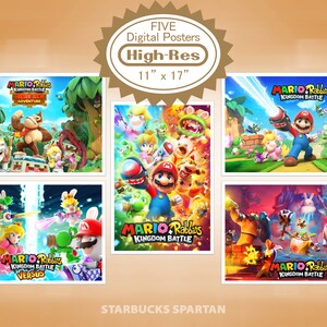 SET of 5 Printable POSTERS Mario Rabbids Kingdom Battle Donkey Kong Adventure Video Game PNG Clipart Birthday Movie Gamer Digital Wallpaper
