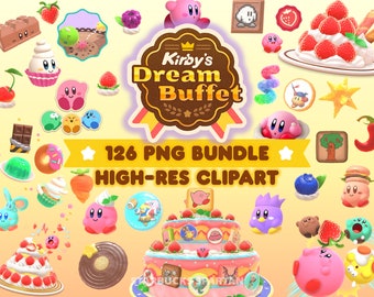 Kirby&#39;s Dream Buffet PNG Bundle | Kirby Cafe Cute Print Art Poster Print Sublimation Video Game Characters Stickers Background Sweet Foods