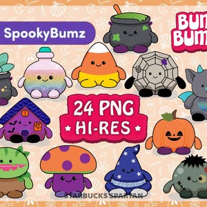 Puede incluir: Un conjunto de 24 ilustraciones de personajes con temática de Halloween, que incluyen un caldero de bruja, una telaraña, un maíz dulce, una calabaza, un hongo, un fantasma, un vampiro y un zombi. Las ilustraciones son de estilo de dibujos animados y son perfectas para usar en proyectos digitales o materiales impresos.