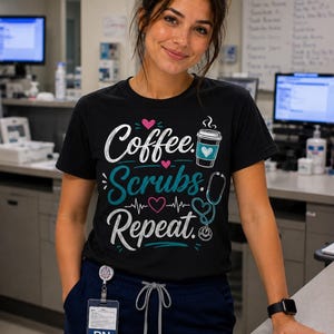 May include: Black crew neck t-shirt with the text "Coffee. Scrubs. Repeat." in white and teal. The design includes a coffee cup, hearts, a heartbeat line, and a stethoscope. The person is wearing navy blue scrubs and a watch.