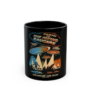 Retro Flying Saucers Poster Mug | Black Ceramic Coffee Cup