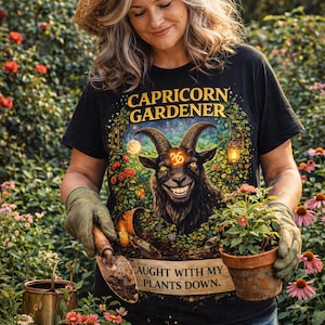 May include: Black t-shirt with the text "CAPRICORN GARDENER" and a graphic of a goat with a smiling face. The shirt also has the text "CAUGHT WITH MY PLANTS DOWN." The person is wearing a straw hat and gardening gloves, surrounded by flowers.