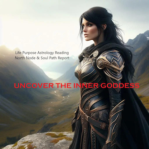 Könnte beinhalten: Illustration einer Frau in Rüstung, mit dem roten Text "Uncover the Inner Goddess". Das Bild enthält auch den Text "Life Purpose Astrology Reading North Node & Soul Path Report". Der Hintergrund zeigt eine Berglandschaft.