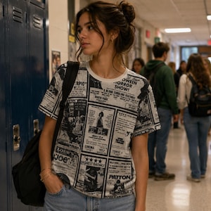 以下が含まれることがあります： 白地に白黒の新聞プリントデザインのTシャツ。映画のポスターと「OWEEN HORROR SHOW！」と「LOEW'S JOE CINEMA」の文字がプリントされています。その人は青いジーンズと黒いバックパックを身に着けています。