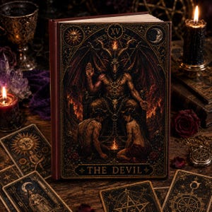 May include: A hardcover book featuring a dark, intricate illustration of The Devil tarot card on the front cover. The artwork depicts a horned figure seated on a throne with two chained individuals below, surrounded by flames and the text THE DEVIL.