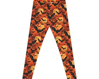 Halloween Leggings for Women, Spooky Bat, Orange Moon Workout Pants, Gothic Gym Leggings, Activewear | Allover Print