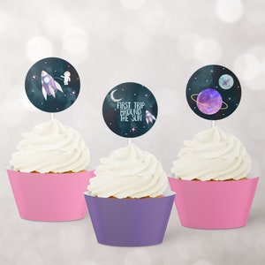 Cosmic First Trip Around the Sun Cupcake Topper digital birthday supplies space planets astronaut rocket printable download party decoration