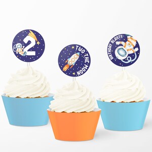 Blast Off Two the Moon Cupcake Toppers - digital birthday supplies - space planets astronaut rocket - printable download - party decoration