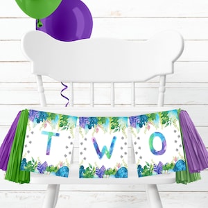 Dinosaurs Two High Chair Banner - digital birthday supplies – dinosaurs T-Rex Jurassic - printable download - party decoration