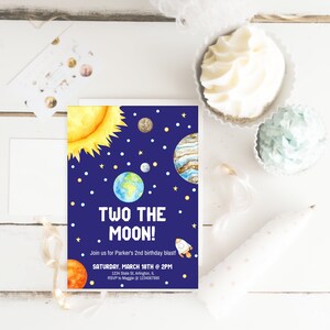 Blast Off Two the Moon Invitation - digital birthday supplies - space planets astronaut rocket - printable download - party decoration
