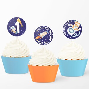 Blast Off First Trip Cupcake Toppers - digital birthday supplies - space planets astronaut rocket - printable download - party decoration